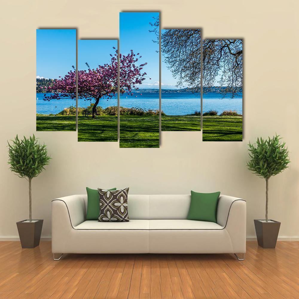 Cherry Tree Near Lake Canvas Wall Art-5 Pop-Gallery Wrap-47" x 32"-Tiaracle