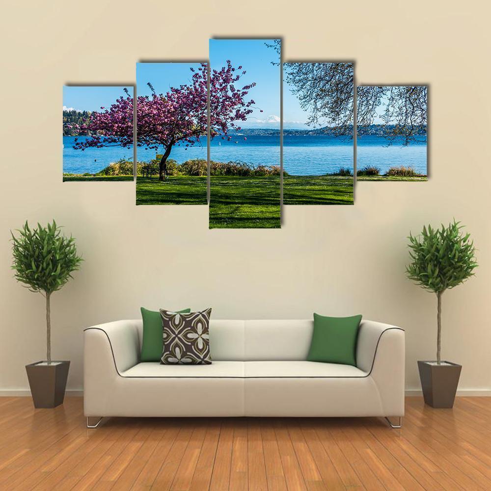 Cherry Tree Near Lake Canvas Wall Art-5 Star-Gallery Wrap-62" x 32"-Tiaracle