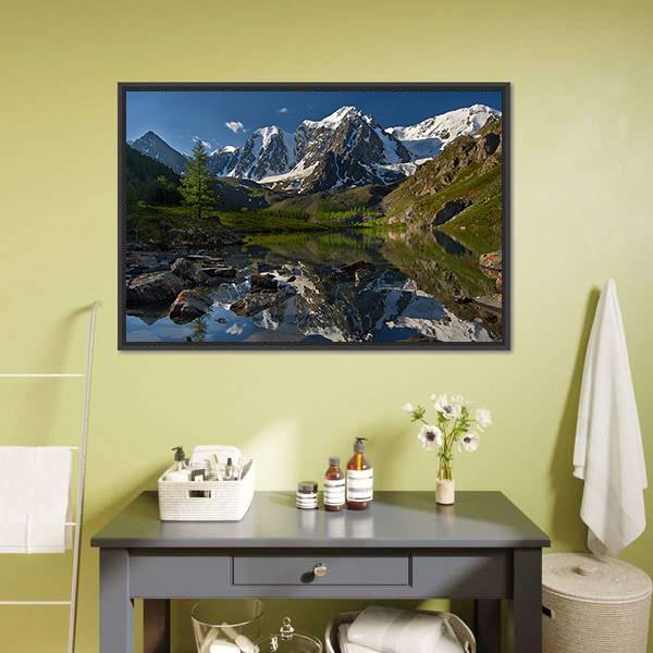Lake with Snow-capped Peaks Canvas Wall Art in white, green and blue, framed canvas, product view on a white background