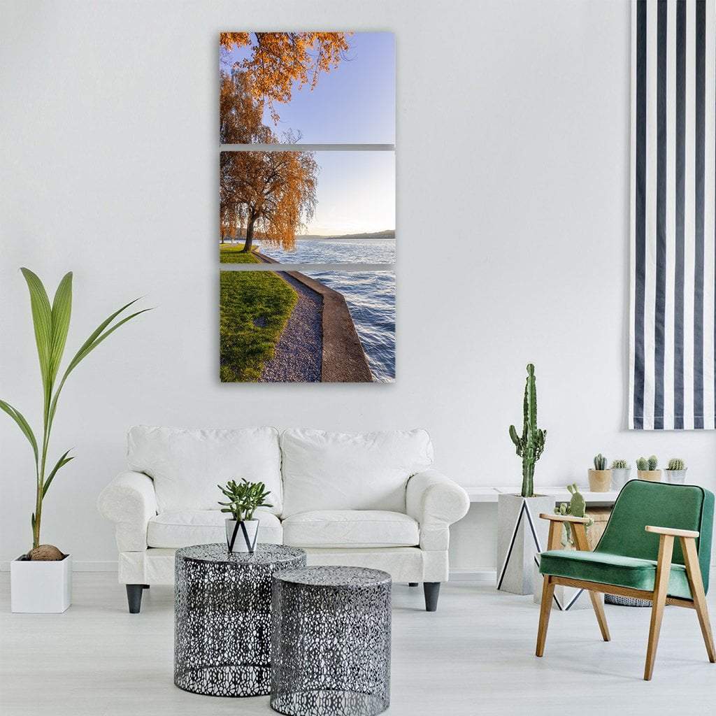 Lake With Autumn Meadow Vertical Canvas Wall Art-3 Vertical-Gallery Wrap-12" x 25"-Tiaracle