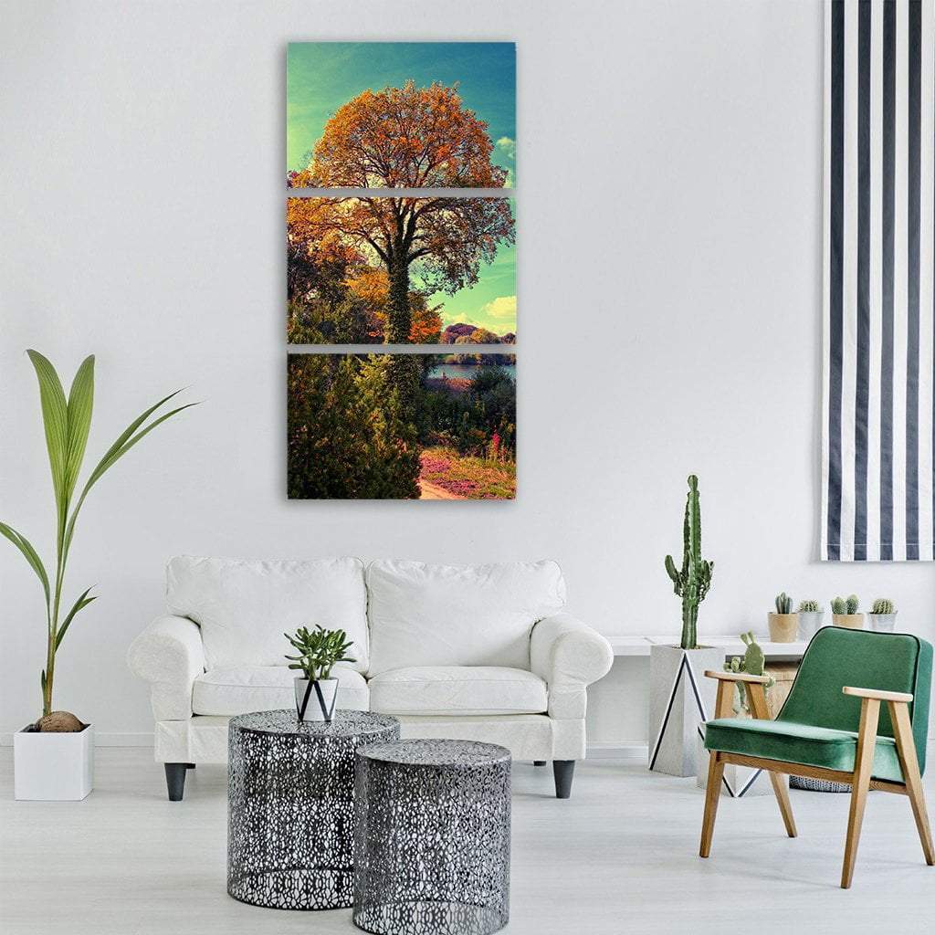 Lake With Autumn Trees Vertical Canvas Wall Art-3 Vertical-Gallery Wrap-12" x 25"-Tiaracle