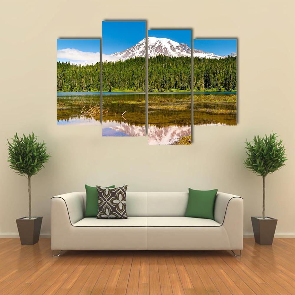 Lake With Forest & Mountain Canvas Wall Art-4 Pop-Gallery Wrap-50" x 32"-Tiaracle