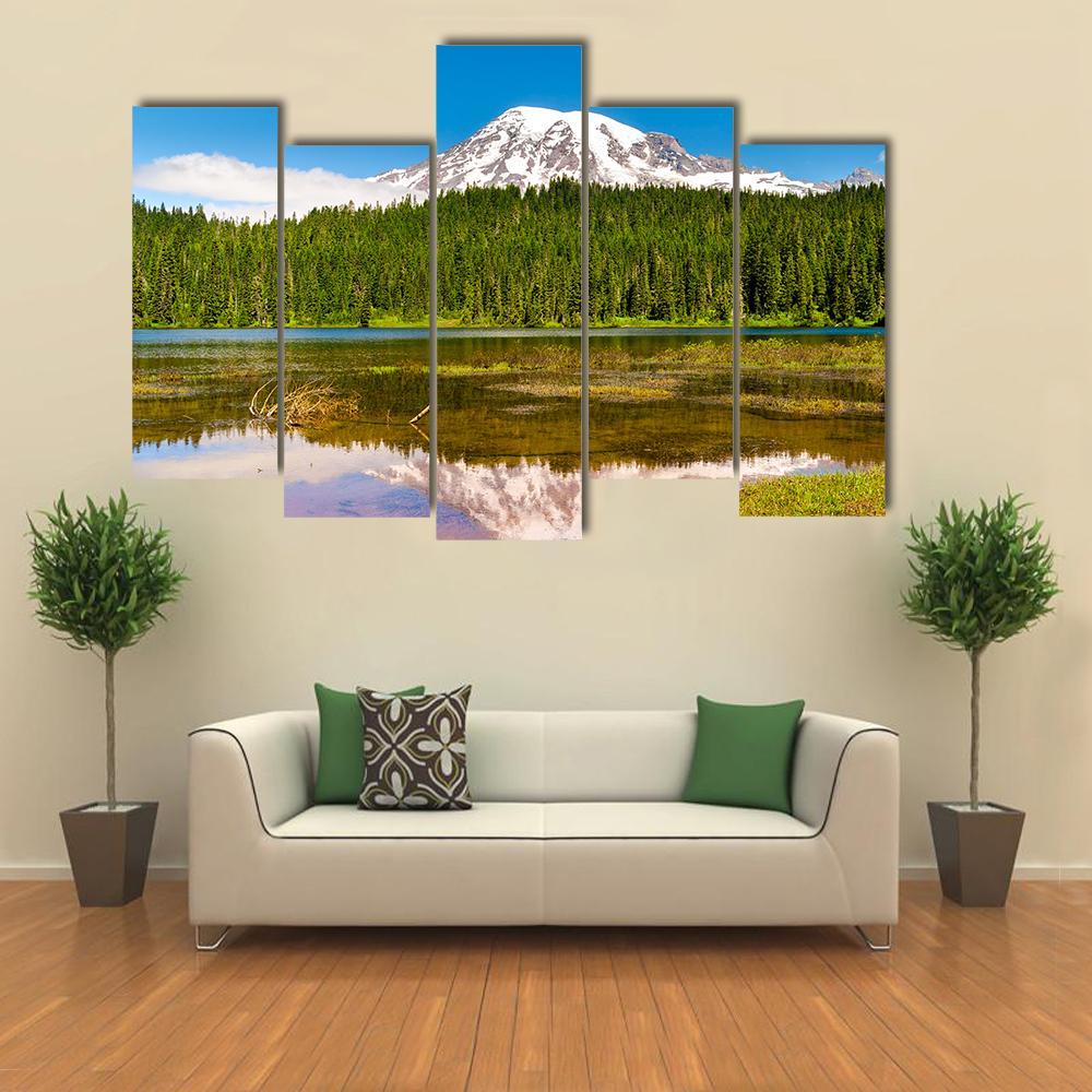 Lake With Forest &amp; Mountain Canvas Wall Art-5 Pop-Gallery Wrap-47" x 32"-Tiaracle