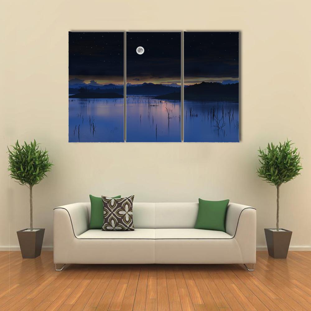 Lake With Full Moon Canvas Wall Art-3 Horizontal-Gallery Wrap-37" x 24"-Tiaracle