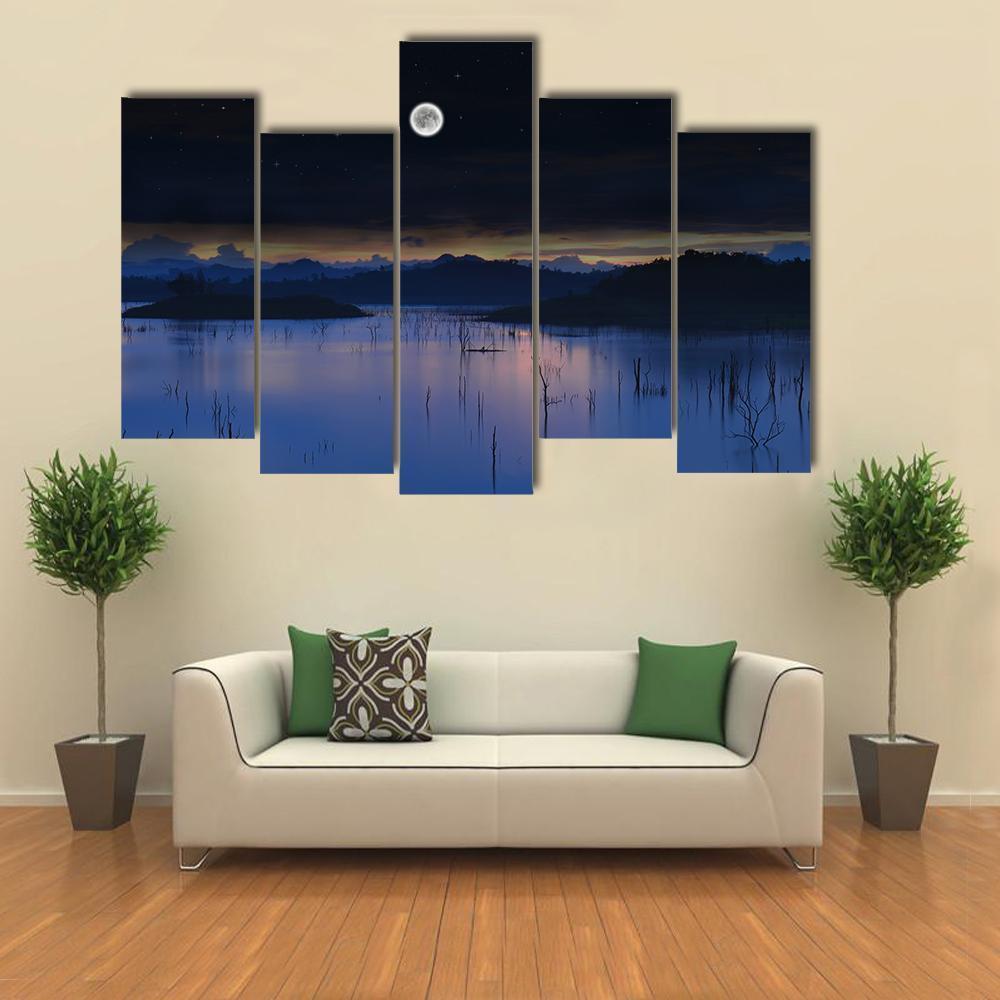 Lake With Full Moon Canvas Wall Art-5 Pop-Gallery Wrap-47" x 32"-Tiaracle