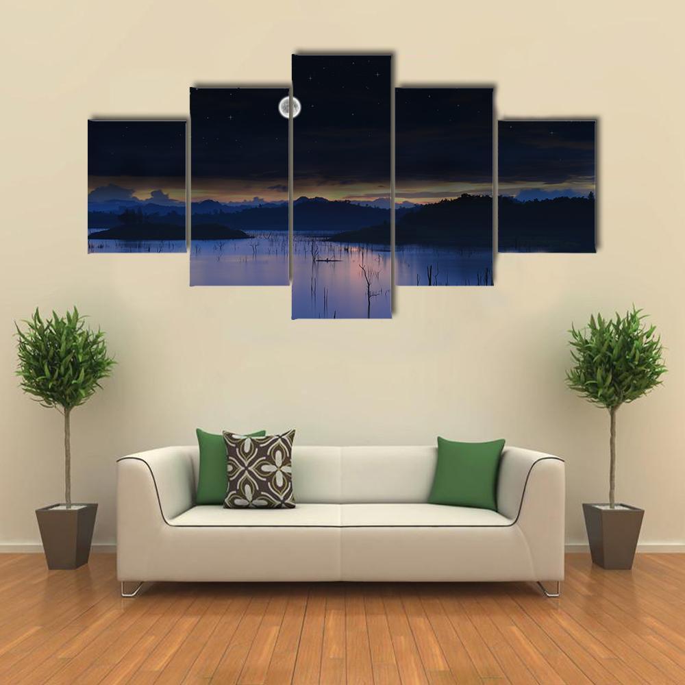 Lake With Full Moon Canvas Wall Art-5 Star-Gallery Wrap-62" x 32"-Tiaracle