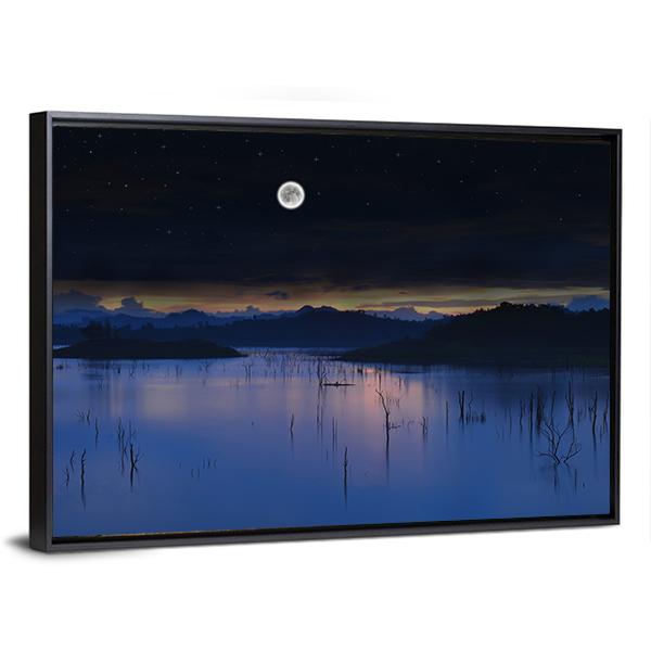 Lake With Full Moon Canvas Wall Art-3 Horizontal-Gallery Wrap-25" x 16"-Tiaracle
