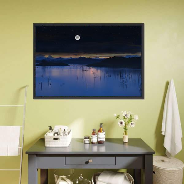 Lake With Full Moon Canvas Wall Art-1 Piece-Floating Frame-24" x 16"-Tiaracle