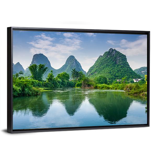 Lake With Karst Mountain Canvas Wall Art-3 Horizontal-Gallery Wrap-25" x 16"-Tiaracle