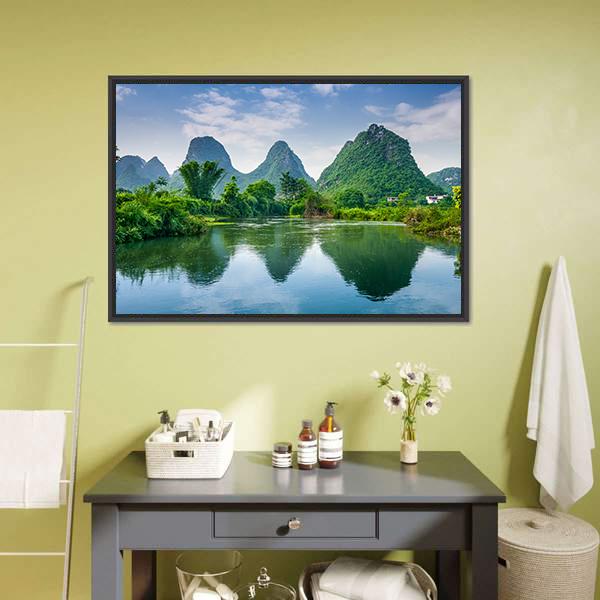 Lake With Karst Mountain Canvas Wall Art-1 Piece-Floating Frame-24" x 16"-Tiaracle