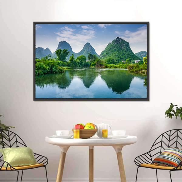Lake With Karst Mountain Canvas Wall Art-3 Horizontal-Gallery Wrap-25" x 16"-Tiaracle