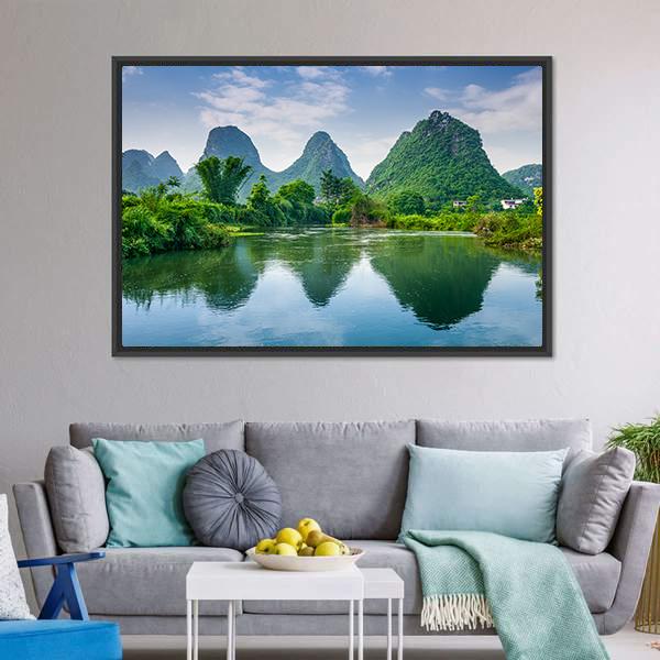 Lake With Karst Mountain Canvas Wall Art-3 Horizontal-Gallery Wrap-25" x 16"-Tiaracle