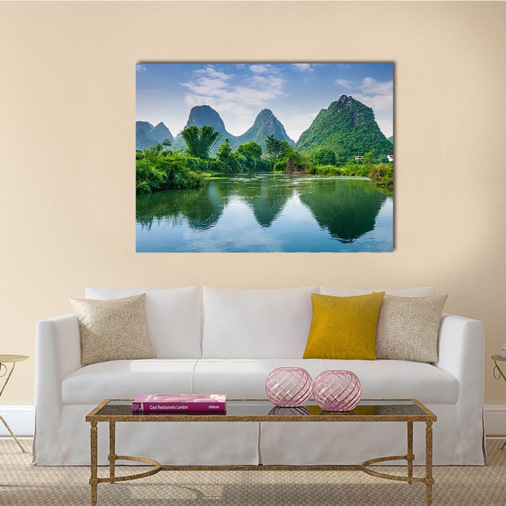 Lake With Karst Mountain Canvas Wall Art-1 Piece-Gallery Wrap-48" x 32"-Tiaracle