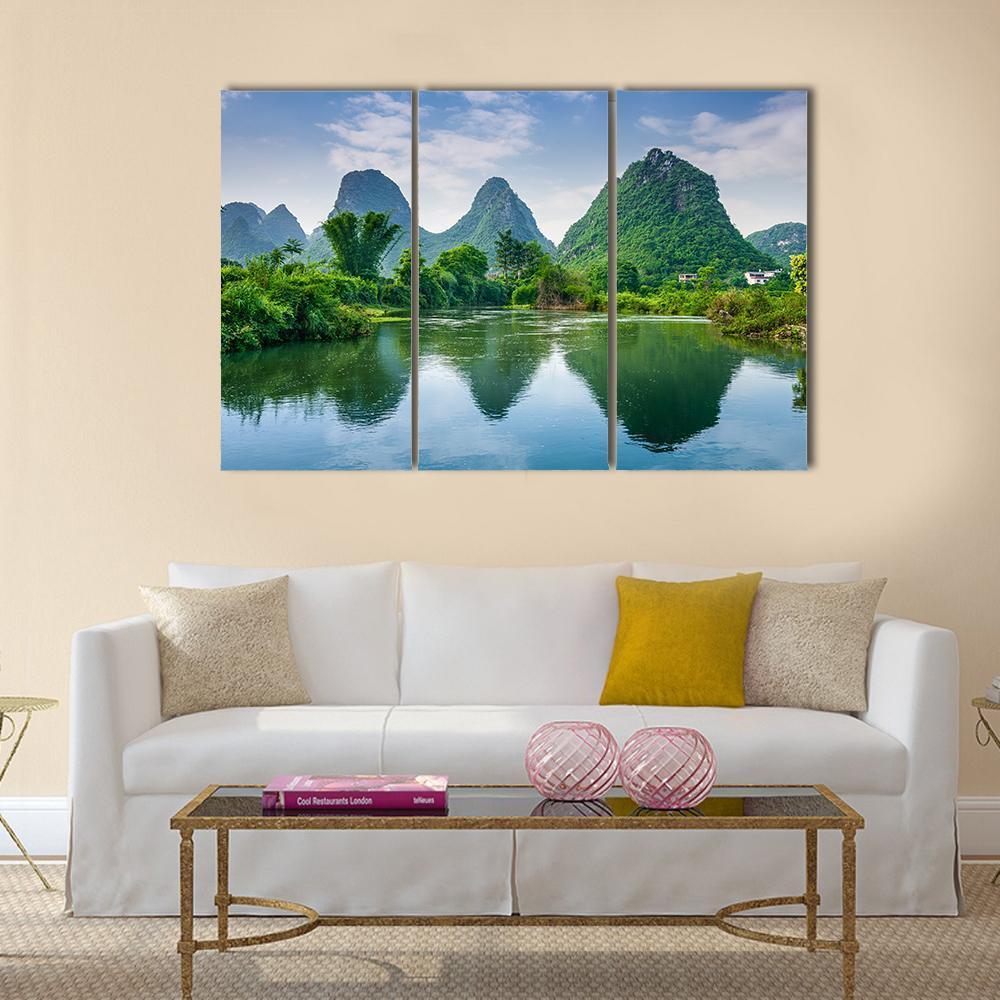 Lake With Karst Mountain Canvas Wall Art-3 Horizontal-Gallery Wrap-37" x 24"-Tiaracle