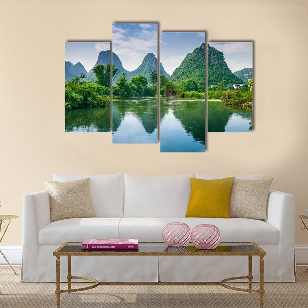 Lake With Karst Mountain Canvas Wall Art-4 Pop-Gallery Wrap-50" x 32"-Tiaracle
