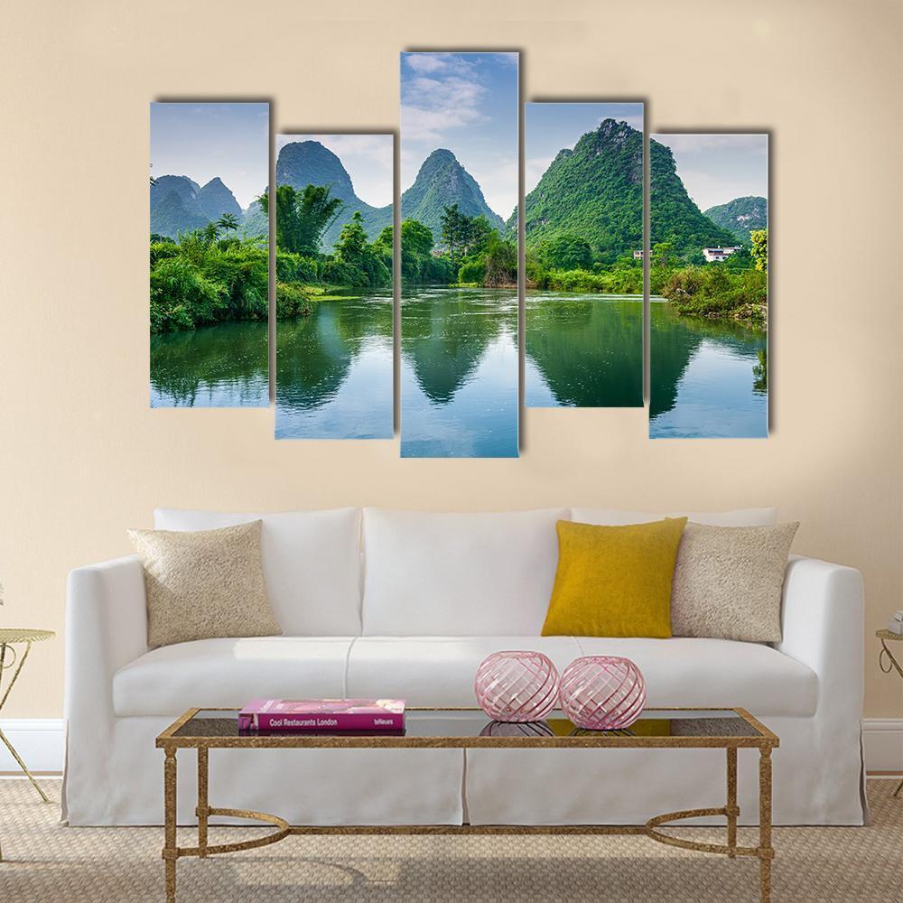 Lake With Karst Mountain Canvas Wall Art-5 Pop-Gallery Wrap-47" x 32"-Tiaracle