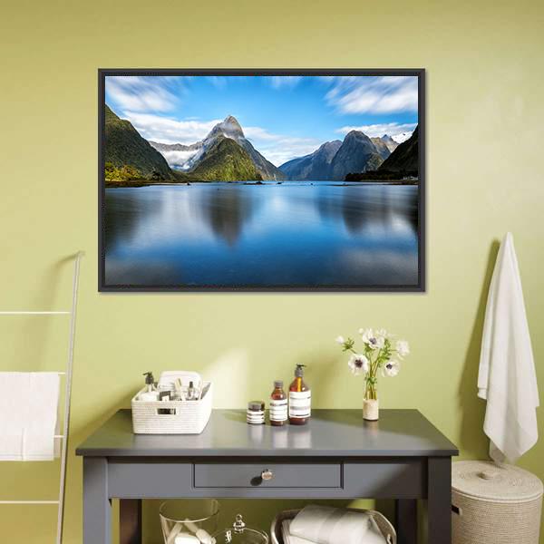 Mitre Peak Reflected in Lake Canvas Wall Art in white, green and blue, framed canvas, product view on a white background