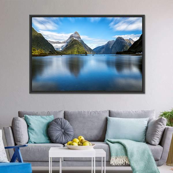 Lake With Mitre Peak Canvas Wall Art-3 Horizontal-Gallery Wrap-25" x 16"-Tiaracle