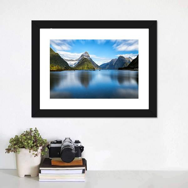Lake With Mitre Peak Canvas Wall Art-1 Piece-Framed Print-20" x 16"-Tiaracle