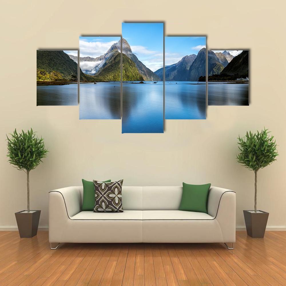 Lake With Mitre Peak Canvas Wall Art-5 Star-Gallery Wrap-62" x 32"-Tiaracle