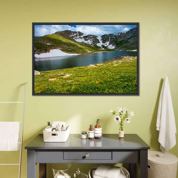 Lake With Mount Evans Canvas Wall Art-1 Piece-Floating Frame-24" x 16"-Tiaracle