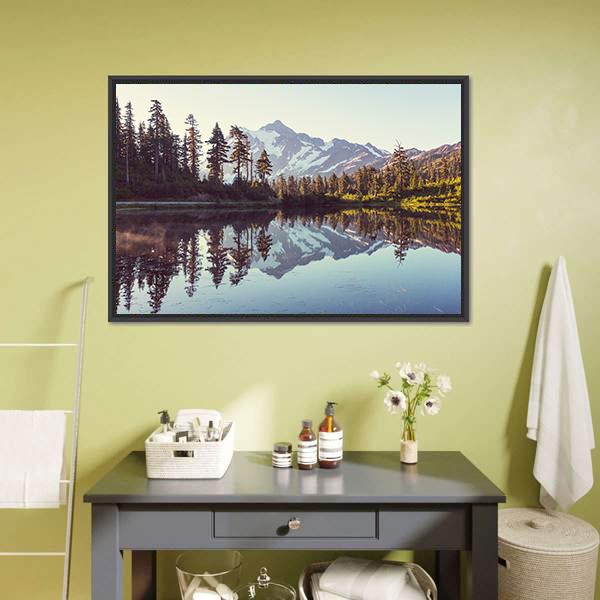 Lake With Mount Shuksan Canvas Wall Art-1 Piece-Floating Frame-24" x 16"-Tiaracle