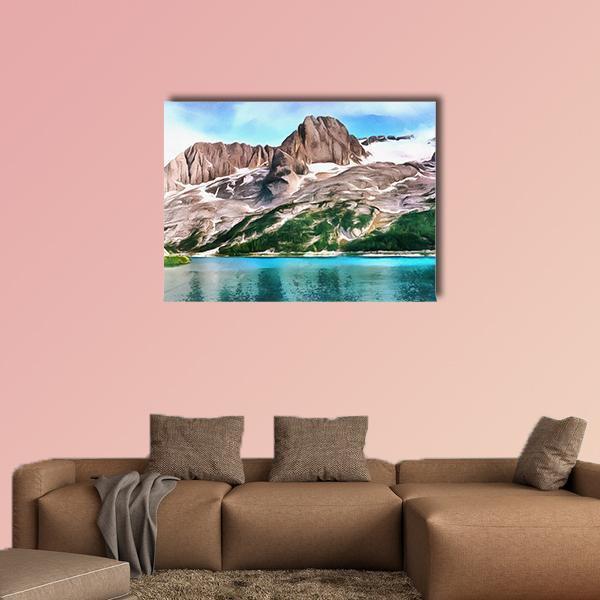 Lake With Mountain Painting Canvas Wall Art-1 Piece-Gallery Wrap-48" x 32"-Tiaracle