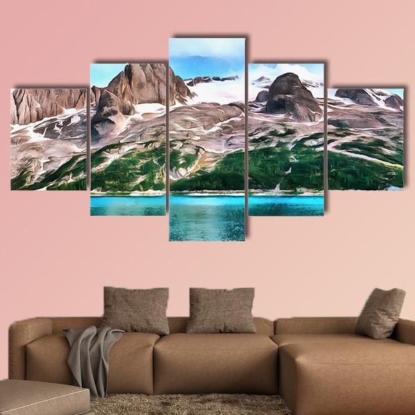 Lake With Mountain Painting Canvas Wall Art-5 Star-Gallery Wrap-62" x 32"-Tiaracle