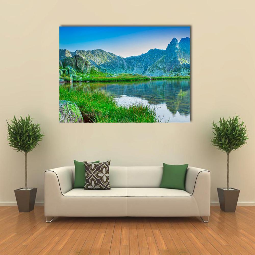 Lake With Retezat Mountain Canvas Wall Art-1 Piece-Gallery Wrap-48" x 32"-Tiaracle