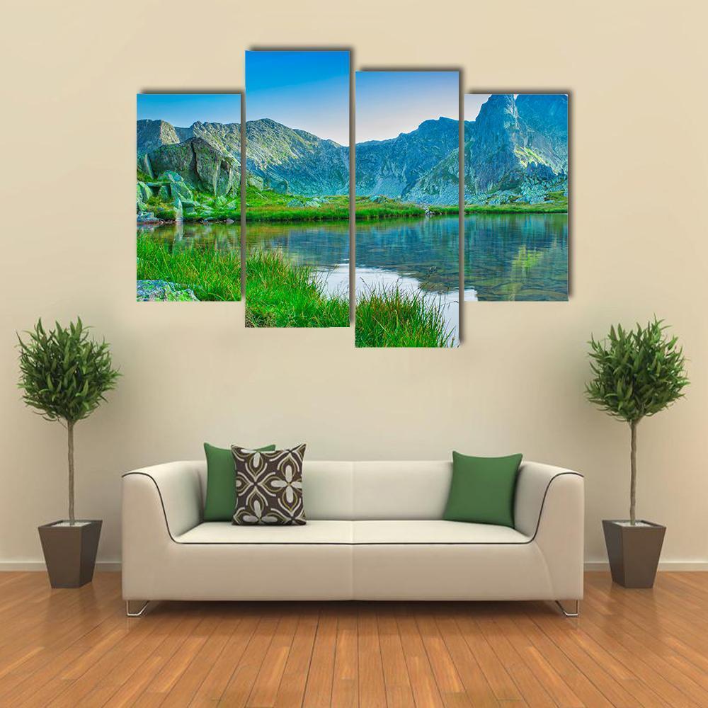 Lake With Retezat Mountain Canvas Wall Art-4 Pop-Gallery Wrap-50" x 32"-Tiaracle