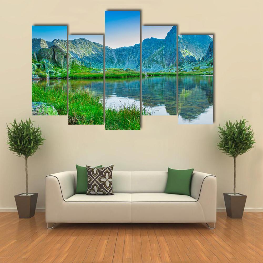 Lake With Retezat Mountain Canvas Wall Art-5 Pop-Gallery Wrap-47" x 32"-Tiaracle