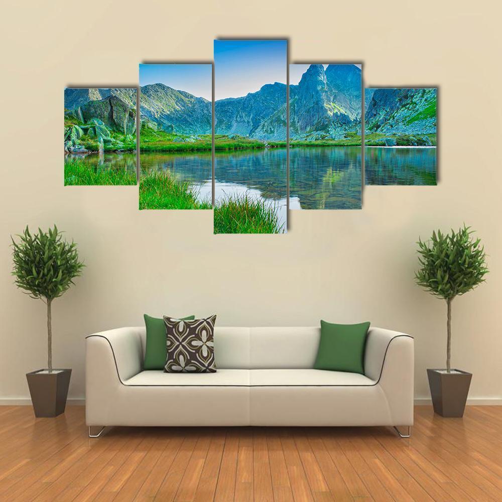 Lake With Retezat Mountain Canvas Wall Art-5 Star-Gallery Wrap-62" x 32"-Tiaracle