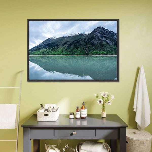 Lake With Mountain Scenery Canvas Wall Art-1 Piece-Floating Frame-24" x 16"-Tiaracle