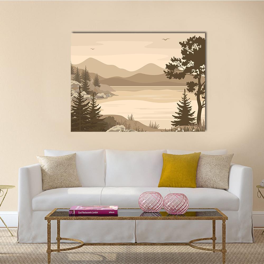 Lake with Mountains and Trees Canvas Wall Art in beige and brown, single panel hung on a wall