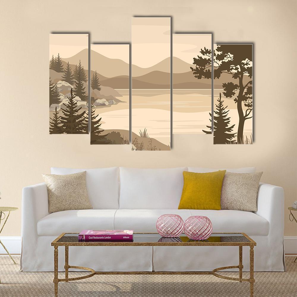 Lake With Mountains &amp; Trees Canvas Wall Art-5 Pop-Gallery Wrap-47" x 32"-Tiaracle
