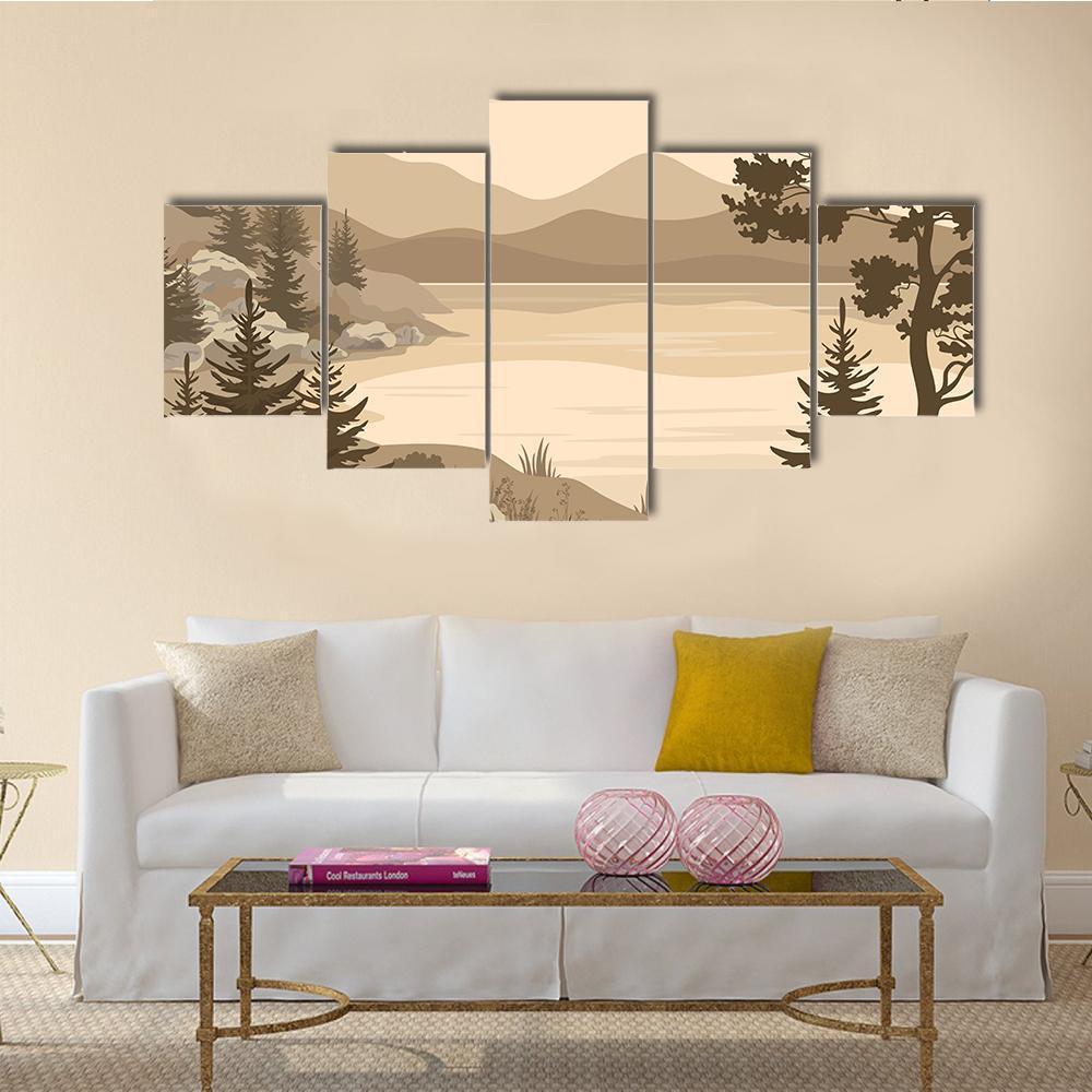 Lake With Mountains &amp; Trees Canvas Wall Art-5 Star-Gallery Wrap-62" x 32"-Tiaracle