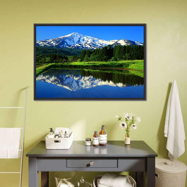Lake With Mt Chokai Canvas Wall Art-1 Piece-Floating Frame-24" x 16"-Tiaracle
