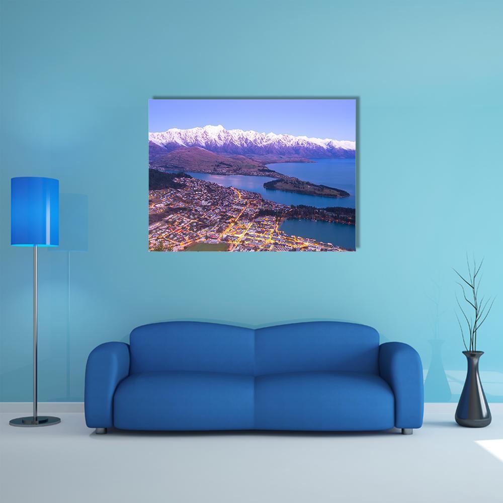 Aerial View of Queenstown Lake Canvas Wall Art in white, blue and purple, single panel hung on a wall