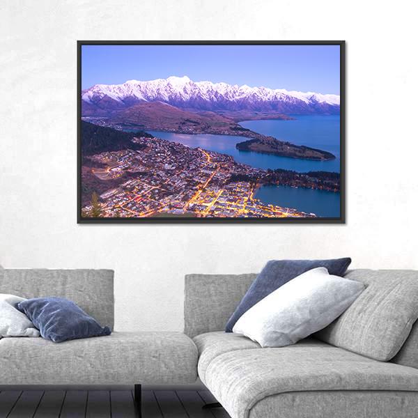 Lake With Queenstown Panoramic Canvas Wall Art-1 Piece-36" x 12"-Tiaracle