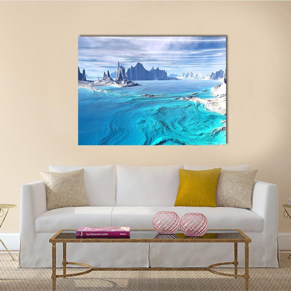 Alien Lake with Pointed Rock Formations Canvas Wall Art in white, blue and purple, single panel hung on a wall
