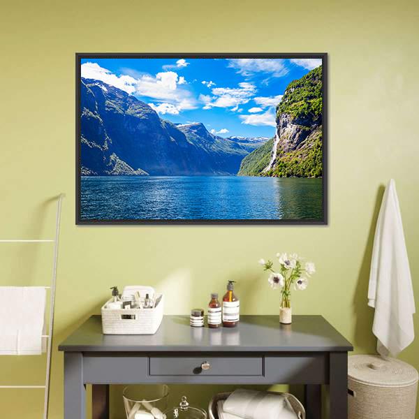 Lake With Seven Sisters Waterfall Canvas Wall Art-1 Piece-Floating Frame-24" x 16"-Tiaracle