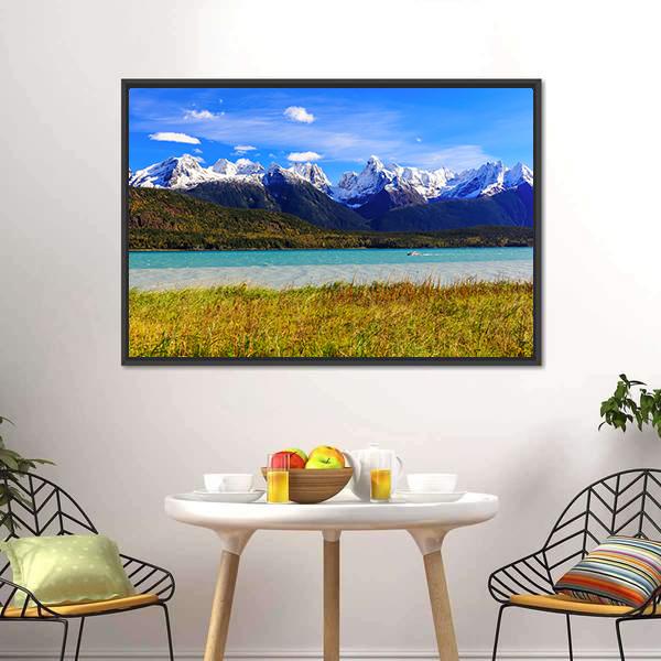 Lake With Sinclair Mountain Canvas Wall Art-1 Piece-Floating Frame-24" x 16"-Tiaracle