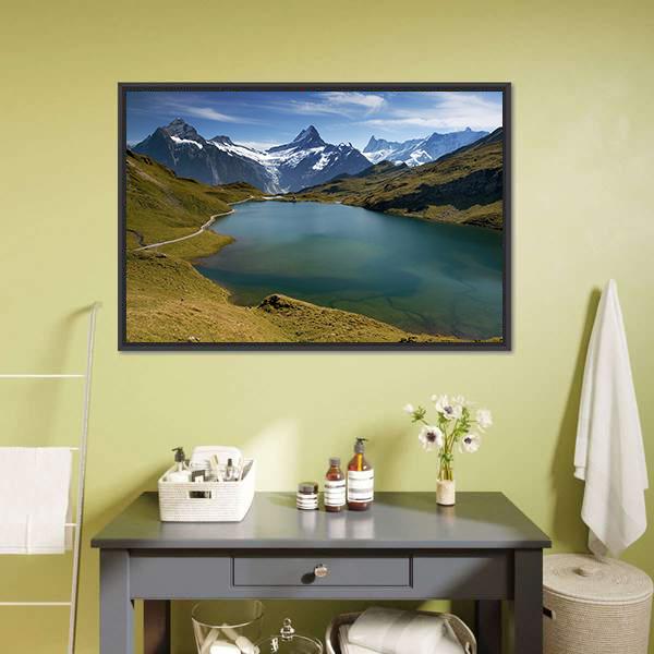 Lake With Swiss Mountain Canvas Wall Art-1 Piece-Floating Frame-24" x 16"-Tiaracle