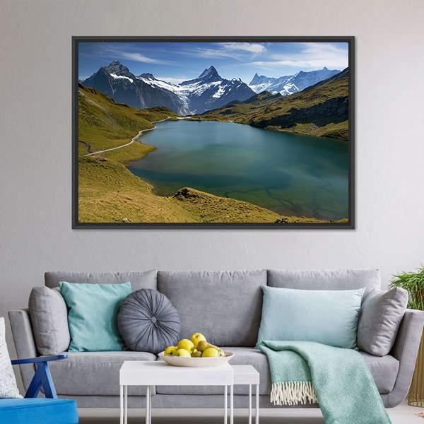 Lake With Swiss Mountain Canvas Wall Art-5 Horizontal-Gallery Wrap-22" x 12"-Tiaracle