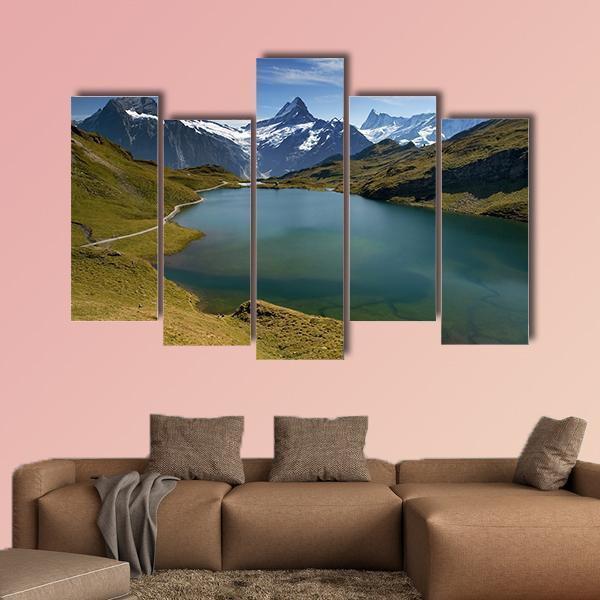 Lake With Swiss Mountain Canvas Wall Art-5 Pop-Gallery Wrap-47" x 32"-Tiaracle