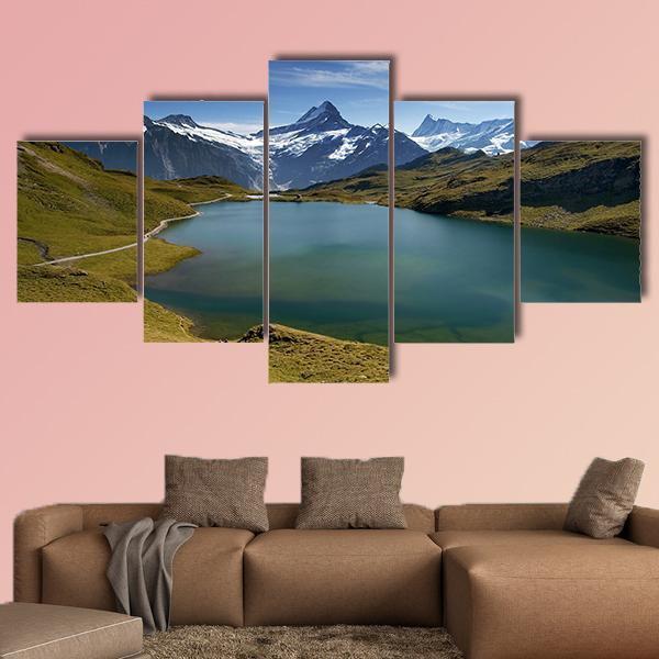Lake With Swiss Mountain Canvas Wall Art-5 Star-Gallery Wrap-62" x 32"-Tiaracle