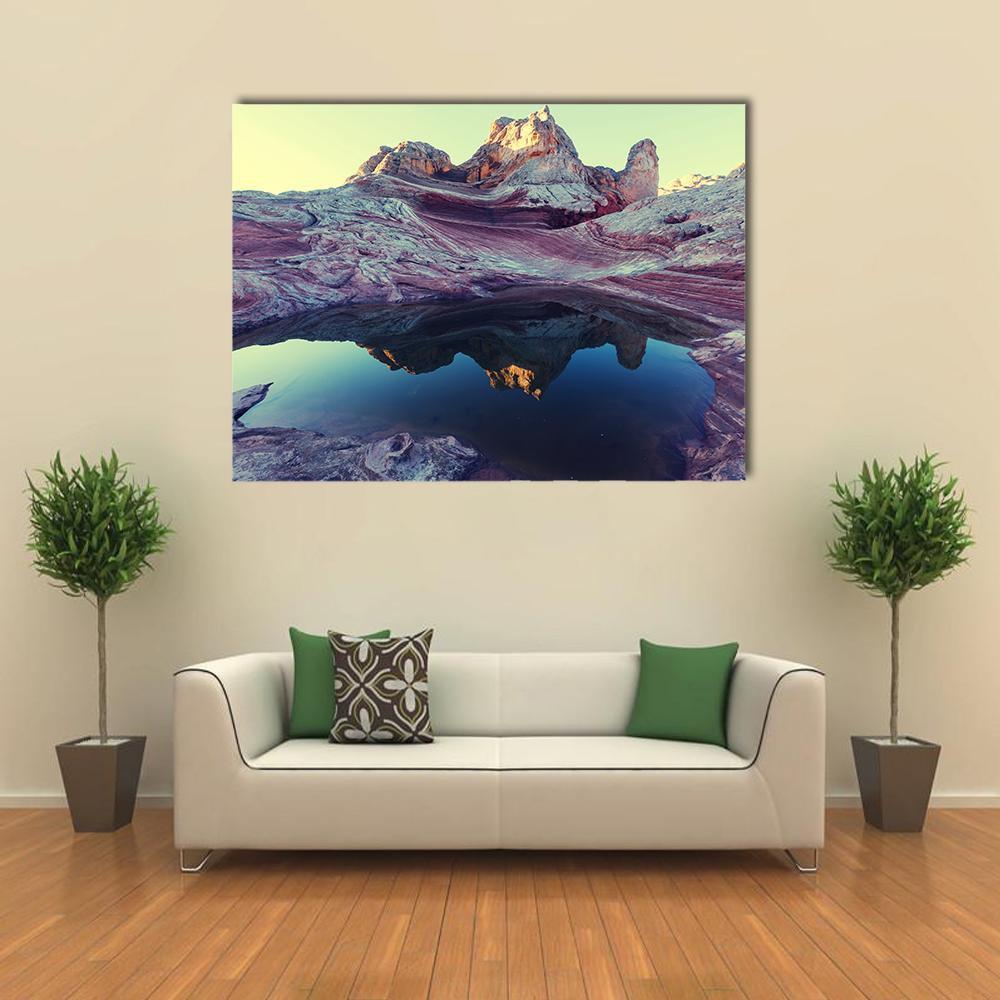 Pond in Vermilion Cliffs Canvas Wall Art in beige, blue and purple, single panel hung on a wall