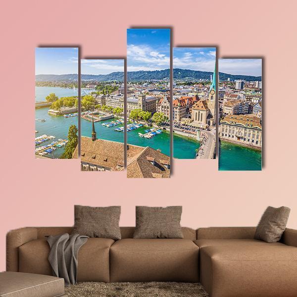Lake Zurich Aerial View Canvas Wall Art-5 Pop-Gallery Wrap-47" x 32"-Tiaracle