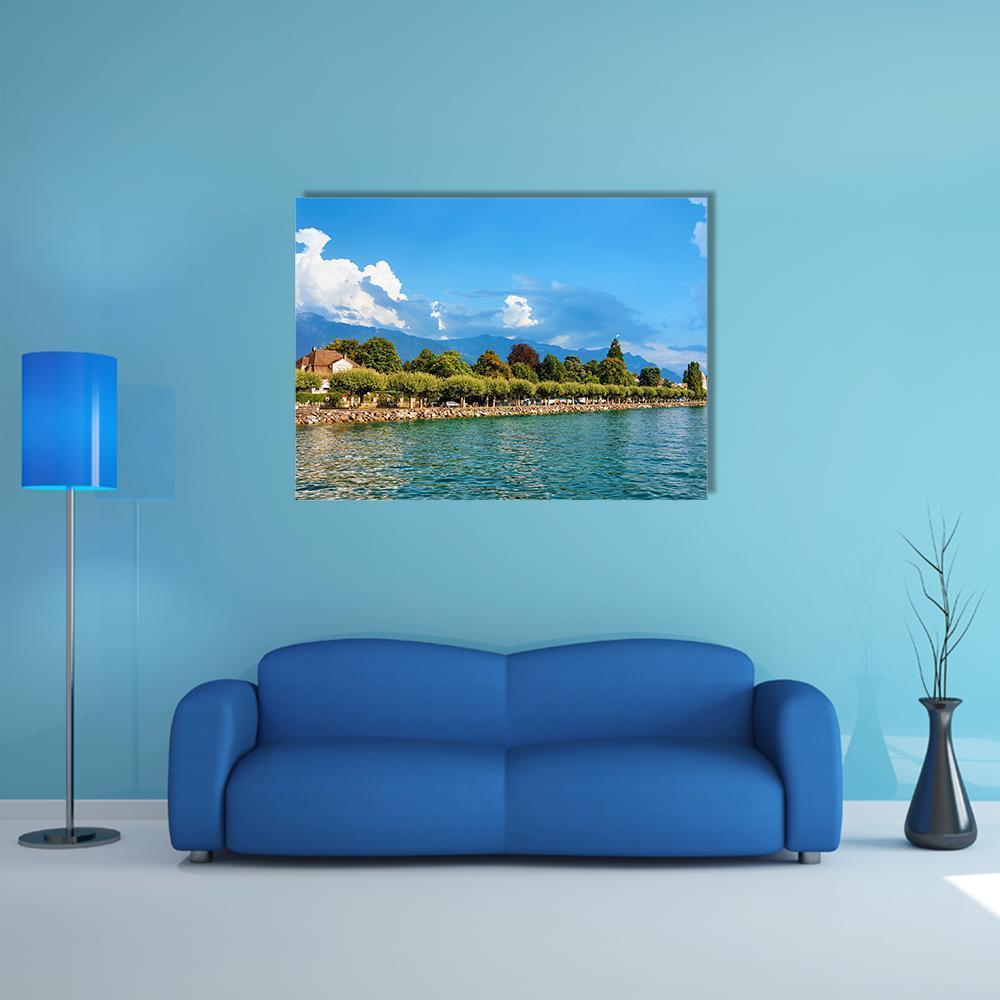 Lake Geneva in Vevey Canvas Wall Art in white, green and blue, single panel hung on a wall