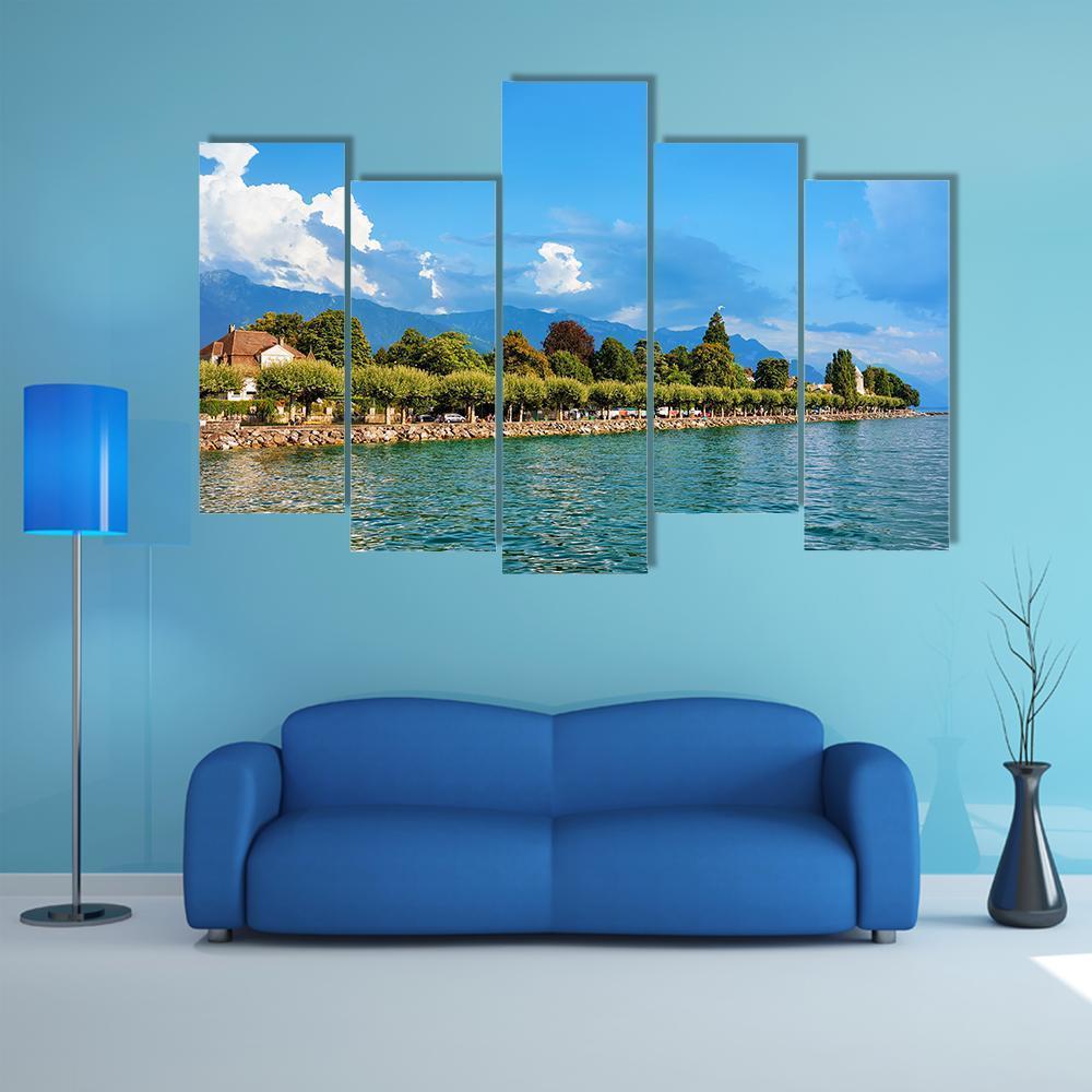 Geneva Lake In Vevey Canvas Wall Art-5 Pop-Gallery Wrap-47" x 32"-Tiaracle